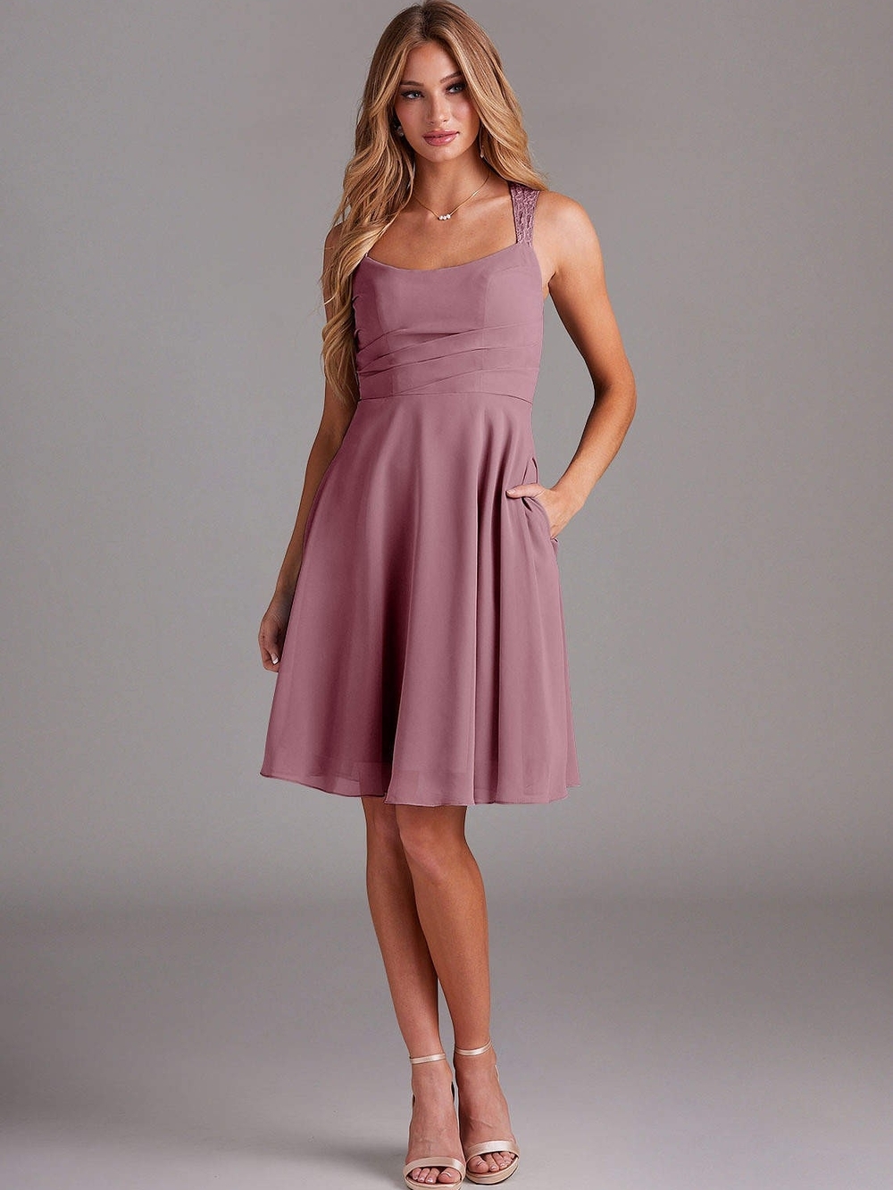 Mauve Sleeveless A-Line Lace Mini Dress